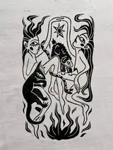 Detail ručne pritlačenej potlače Sacred Dance na bavlne